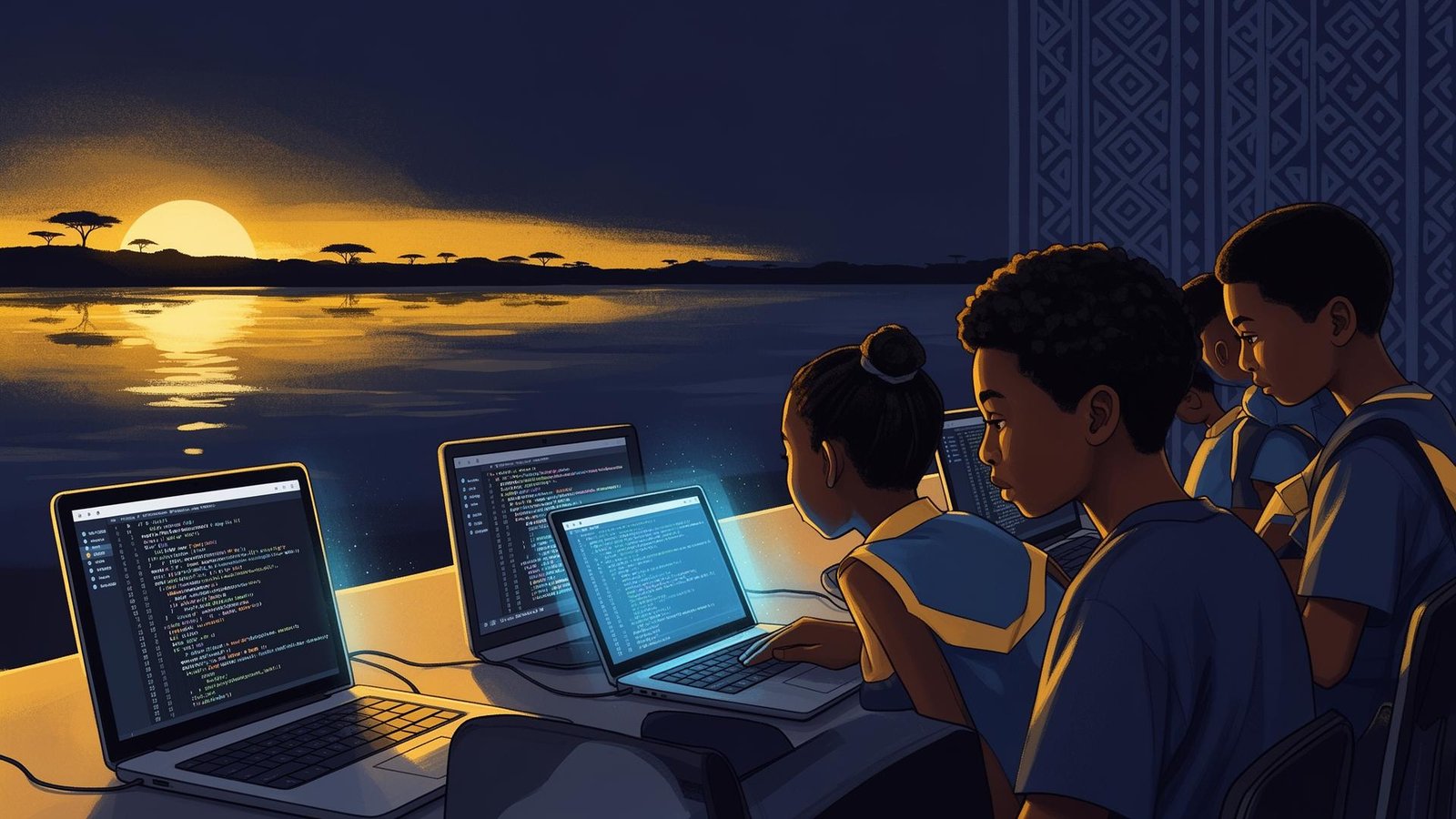 Young Nubian students learning programming